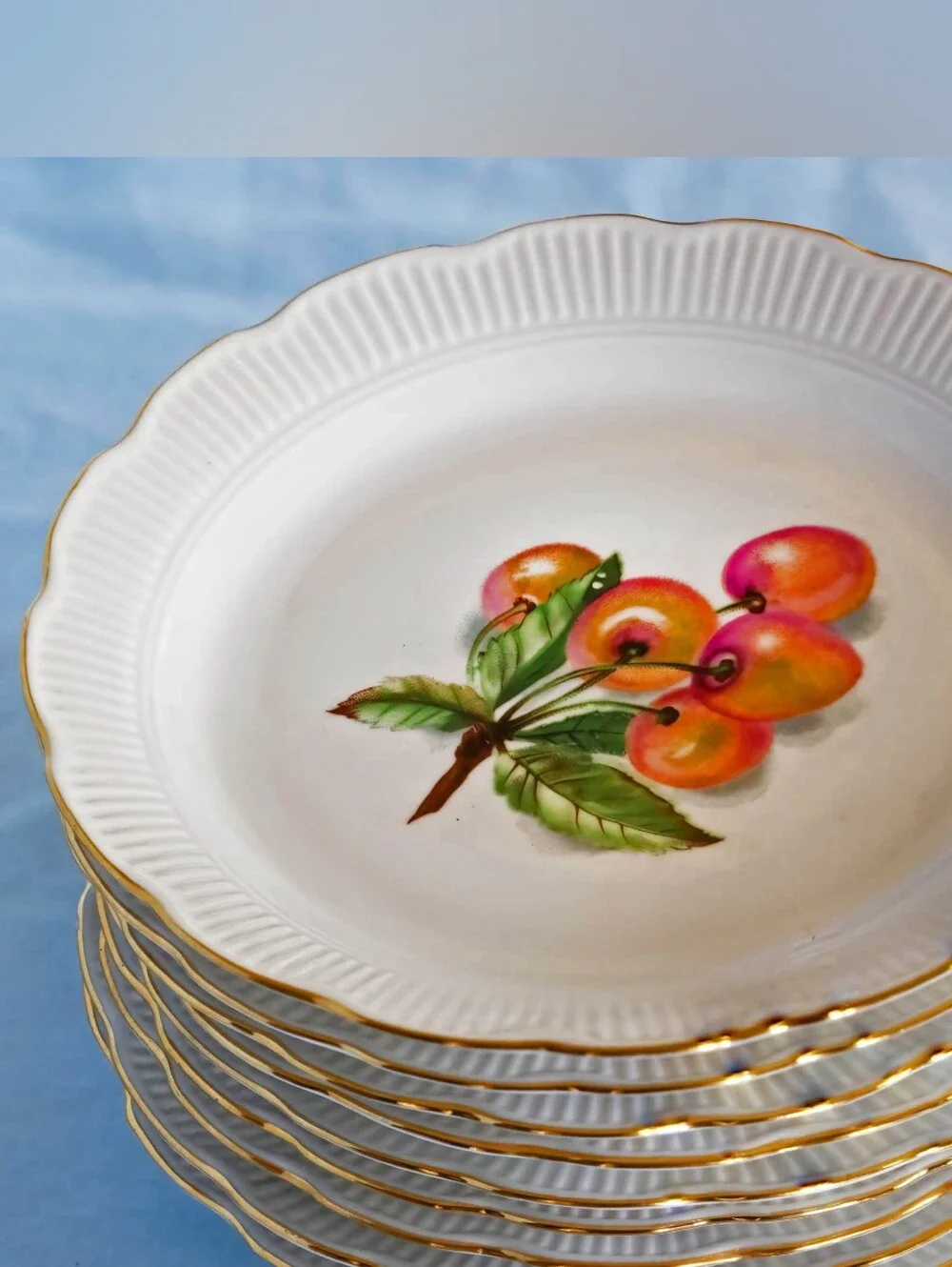 Beautiful Rare Vintage Chodziez Poland Dessert Plate Cherry Pattern - Set Of 9